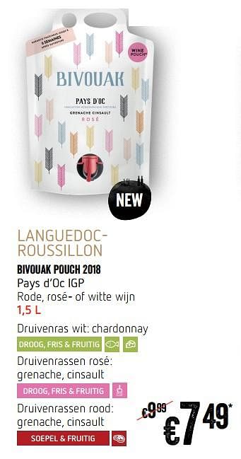 Promoties Bivouak pouch 2018 pays d`oc igp rode, rosé- of witte wijn - Rosé wijnen - Geldig van 12/09/2019 tot 18/09/2019 bij Delhaize