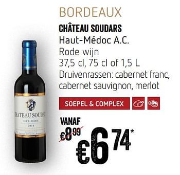 Promoties Château soudars haut-médoc a.c. rode wijn - Rode wijnen - Geldig van 12/09/2019 tot 18/09/2019 bij Delhaize