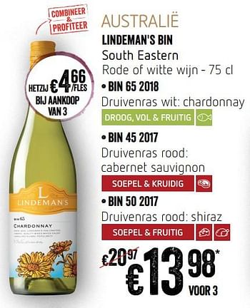 Promoties Lindeman`s bin south eastern rode of witte wijn - Witte wijnen - Geldig van 12/09/2019 tot 18/09/2019 bij Delhaize