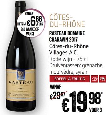Promotions Rasteau domaine charavin 2017 côtes-du-rhône villages a.c. rode wijn - Vins rouges - Valide de 12/09/2019 à 18/09/2019 chez Delhaize