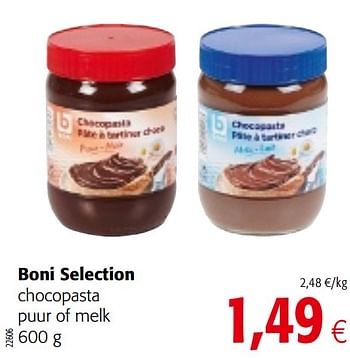 Promotions Boni selection chocopasta puur of melk - Boni - Valide de 11/09/2019 à 24/09/2019 chez Colruyt