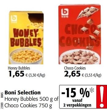 Promotions Boni selection honey bubbles of choco cookies - Boni - Valide de 11/09/2019 à 24/09/2019 chez Colruyt