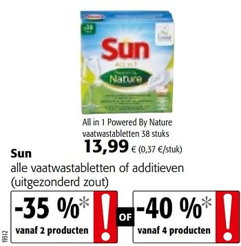 Promoties Sun alle vaatwastabletten of additieven - Sun - Geldig van 11/09/2019 tot 24/09/2019 bij Colruyt