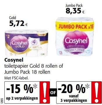Promoties Cosynel toiletpapier gold 8 rollen of jumbo pack - Cosynel - Geldig van 11/09/2019 tot 24/09/2019 bij Colruyt