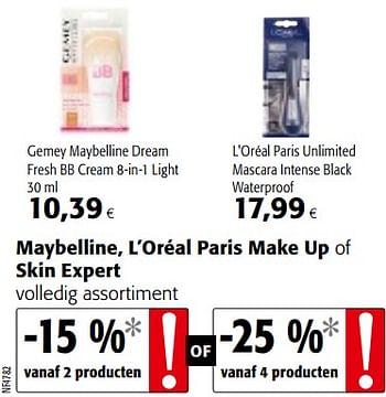 Promoties Maybelline, l`oréal paris make up of skin expert volledig assortiment - Huismerk - Colruyt - Geldig van 11/09/2019 tot 24/09/2019 bij Colruyt