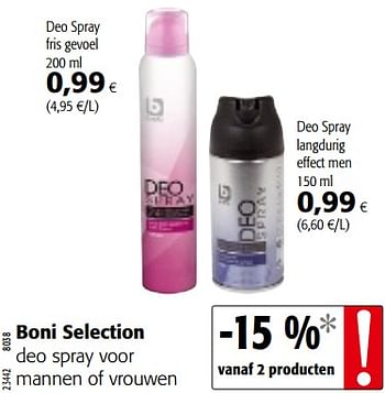 Promoties Boni selection deo spray voor mannen of vrouwen - Boni - Geldig van 11/09/2019 tot 24/09/2019 bij Colruyt