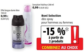 Promoties Boni selection déo spray pour hommes ou femmes - Boni - Geldig van 11/09/2019 tot 24/09/2019 bij Colruyt
