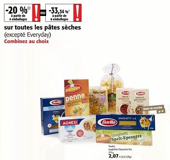Promoties Soubry spaghettis d`épeautre fins - Soubry - Geldig van 11/09/2019 tot 24/09/2019 bij Colruyt