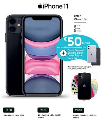 Promoties Apple iphone 11 € 50 korting met een base abonnement vanaf €20 - Apple - Geldig van 13/09/2019 tot 21/09/2019 bij Base