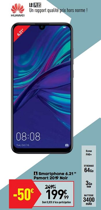 Promotions Huawei smartphone 6.21`` psmart 2019 noir - Huawei - Valide de 27/08/2019 à 23/09/2019 chez Conforama