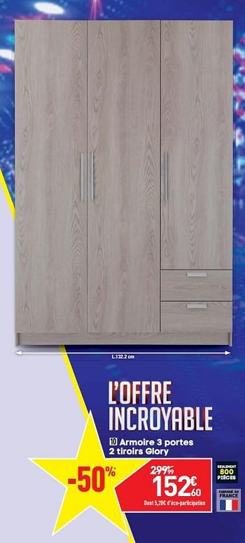 Promotions Armoire 3 portes 2 tiroirs glory - Produit Maison - Conforama - Valide de 27/08/2019 à 23/09/2019 chez Conforama