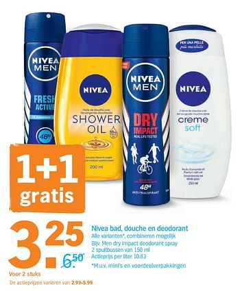 Promoties Dry impact deodorant spray - Nivea - Geldig van 16/09/2019 tot 22/09/2019 bij Albert Heijn