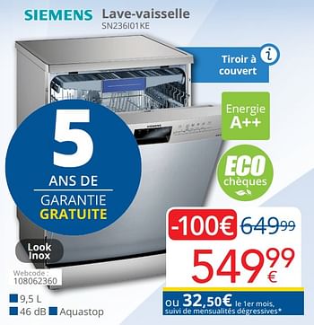 Promoties Siemens lave-vaisselle sn236i01ke - Siemens - Geldig van 16/09/2019 tot 30/09/2019 bij Eldi