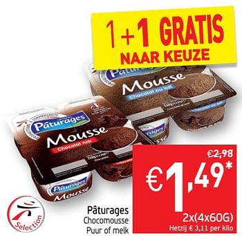Promotions Pâturages chocomousse puur of melk - Paturages - Valide de 17/09/2019 à 22/09/2019 chez Intermarche