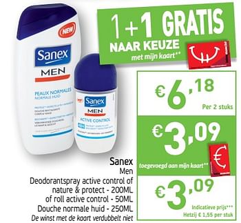 Promoties Sanex men deodorantspray active control of nature + protect of roll active control douche normale huid - Sanex - Geldig van 17/09/2019 tot 22/09/2019 bij Intermarche