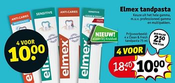 Promotions Elmex tandpasta clean + fresh tandpasta - Elmex - Valide de 17/09/2019 à 22/09/2019 chez Kruidvat