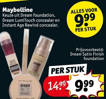 Promoties Maybelline dream satin finish foundation - Maybelline - Geldig van 17/09/2019 tot 22/09/2019 bij Kruidvat
