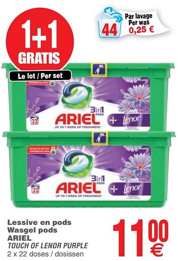 Promoties Lessive en pods wasgel pods ariel touch of lenor purple - Ariel - Geldig van 17/09/2019 tot 24/09/2019 bij Cora
