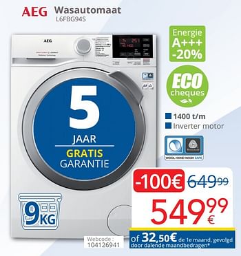 Promoties Aeg wasautomaat l6fbg94s - AEG - Geldig van 16/09/2019 tot 30/09/2019 bij Eldi