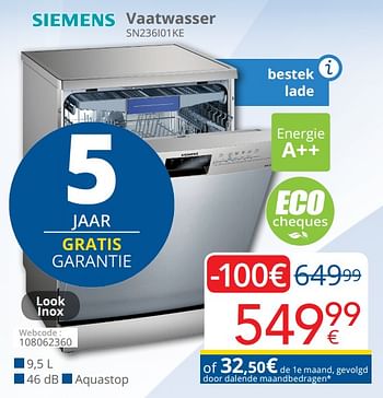 Promotions Siemens vaatwasser sn236i01ke - Siemens - Valide de 16/09/2019 à 30/09/2019 chez Eldi