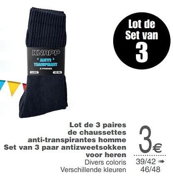 Promotions Lot de 3 paires de chaussettes anti-transpirantes homme set van 3 paar antizweetsokken voor heren - Produit maison - Cora - Valide de 17/09/2019 à 30/09/2019 chez Cora