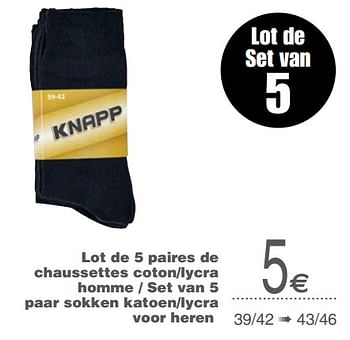Promoties Lot de 5 paires de chaussettes coton-lycra homme - set van 5 paar sokken katoen-lycra voor heren - KNAPP - Geldig van 17/09/2019 tot 30/09/2019 bij Cora