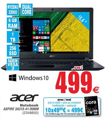 Promoties Acer notebook aspire 3a315-41-r9nm - Acer - Geldig van 17/09/2019 tot 30/09/2019 bij Cora