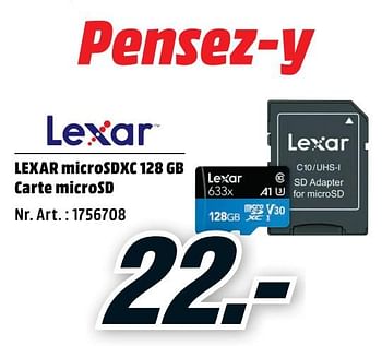 Promoties Lexar microsdxc 128 gb carte microsd - Lexar - Geldig van 16/09/2019 tot 22/09/2019 bij Media Markt