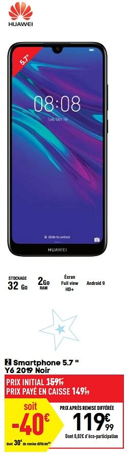 Promotions Huawei smartphone 5.7 `` y6 2019 noir - Huawei - Valide de 10/09/2019 à 23/09/2019 chez Conforama