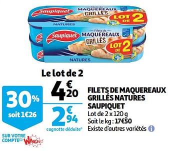 Promoties Filets de maquereaux grillés natures saupiquet - Saupiquet - Geldig van 18/09/2019 tot 24/09/2019 bij Auchan