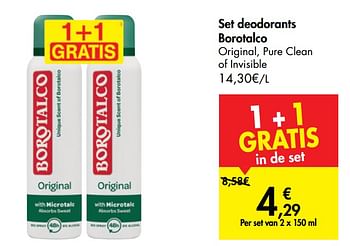 Promoties Set deodorants borotalco original, pure clean of invisible - Borotalco - Geldig van 18/09/2019 tot 30/09/2019 bij Carrefour