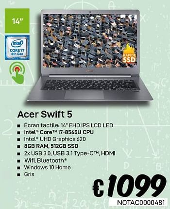 Promoties Acer swift 5 - Acer - Geldig van 23/08/2019 tot 30/09/2019 bij Compudeals