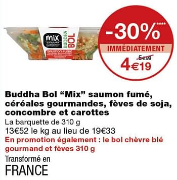Promotions Buddha bol mix saumon fumé, céréales gourmandes, fèves de soja, concombre et carottes - Produit Maison - MonoPrix - Valide de 13/09/2019 à 22/09/2019 chez MonoPrix