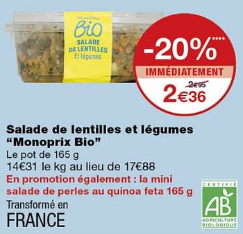 Promoties Salade de lentilles et légumes monoprix bio - Huismerk - MonoPrix - Geldig van 13/09/2019 tot 22/09/2019 bij MonoPrix