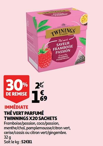 Promoties Thé vert parfumé twinnings x20 sachets - Twinings - Geldig van 18/09/2019 tot 24/09/2019 bij Auchan