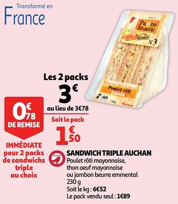 Promotions Sandwich triple auchan - Produit Maison - Auchan Ronq - Valide de 18/09/2019 à 24/09/2019 chez Auchan Ronq