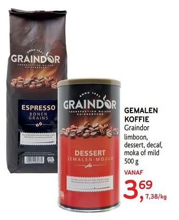 Promotions Gemalen koffie graindor limboon, dessert, decaf, moka of mild - Graindor - Valide de 25/09/2019 à 08/10/2019 chez Alvo