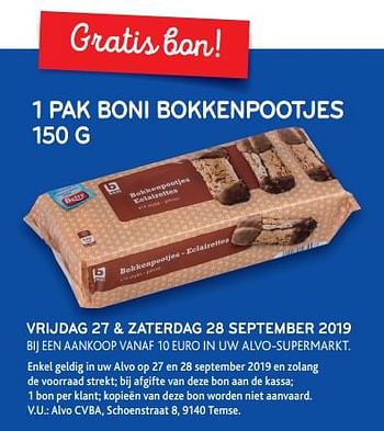 Promoties Gratis bon 1 pak boni bokkenpootjes 150 g vrijdag 27 + zaterdag 28 september 2019 - Boni - Geldig van 25/09/2019 tot 08/10/2019 bij Alvo
