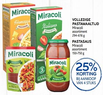Promoties Volledige pastamaaltijd miracoli 25% korting bij aankoop van 4 stuks - Miracoli - Geldig van 25/09/2019 tot 08/10/2019 bij Alvo