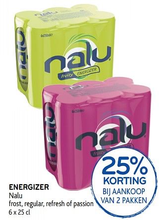 Promoties Energizer nalu frost, regular, refresh of passion 25% korting bij aankoop van 2 pakken - Energizer - Geldig van 25/09/2019 tot 08/10/2019 bij Alvo