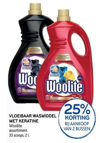 Promotions Vloeibaar wasmiddel met keratine woolite 25% korting bij aankoop van 2 bussen - Woolite - Valide de 25/09/2019 à 08/10/2019 chez Alvo