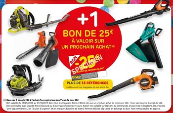 Promotions +1 bon de 25€ à valoir sur un prochain achat - Produit maison - Brico - Valide de 25/09/2019 à 07/10/2019 chez Brico