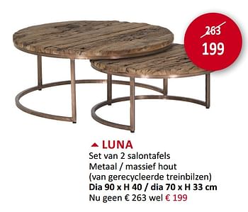 Promoties Luna set van 2 salontafels metaal - massief hout (van gerecycleerde treinbilzen) - Huismerk - Weba - Geldig van 18/09/2019 tot 17/10/2019 bij Weba