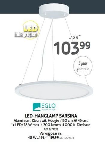Promoties Eglo led-hanglamp sarsina - Eglo - Geldig van 25/09/2019 tot 21/10/2019 bij BricoPlanit