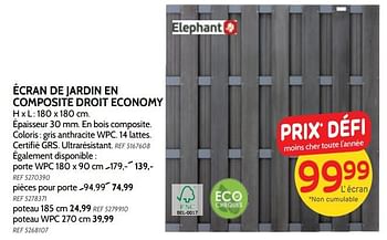 Promotions Écran de jardin en composite droit economy - Elephant - Valide de 25/09/2019 à 21/10/2019 chez BricoPlanit