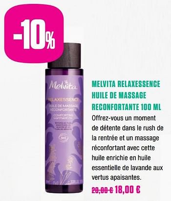 Promotions Melvita relaxessence huile de massage reconfortante - Melvita - Valide de 01/10/2019 à 30/11/2019 chez Medi-Market