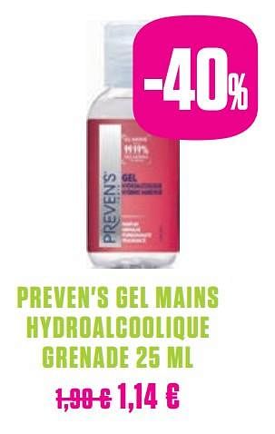 Promotions Preven`s gel mains hydroalcoolique grenade - Preven's - Valide de 01/10/2019 à 30/11/2019 chez Medi-Market