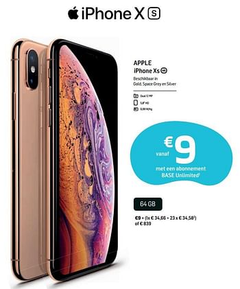 Promoties Apple iphone xs - Apple - Geldig van 25/09/2019 tot 30/09/2019 bij Base