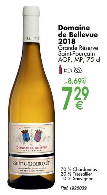 Promoties Domaine de bellevue 2018 grande réserve saint-pourçain aop, mp - Witte wijnen - Geldig van 30/09/2019 tot 28/10/2019 bij Cora
