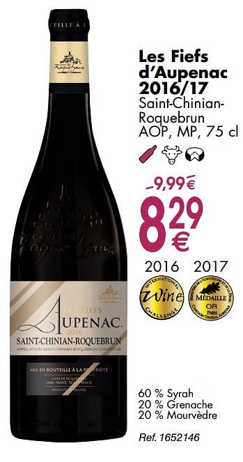 Promoties Les fiefs d`aupenac 2016-17 saint-chinianroquebrun - Rode wijnen - Geldig van 30/09/2019 tot 28/10/2019 bij Cora